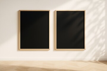 Aufkleber - Two blank black posters in wooden frames on light wall with shadows, clean design template for branding, advertising, or business promotion..