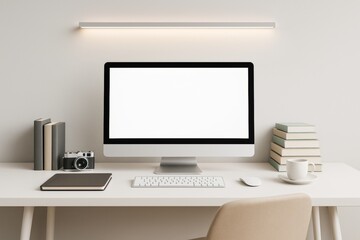 Aufkleber - Minimalist workspace with desktop computer, books, and coffee cup on light background for business mockup or branding design template concept.