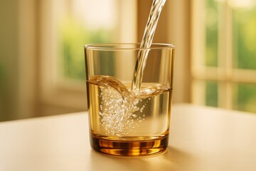 Poster - Glass of sparkling drink being poured with bubbles, set against a warm light abstract background with soft focus and natural ambiance.