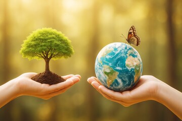 Aufkleber - Hands holding a small tree and Earth globe with butterfly in a glowing natural background symbolizing environmental care and sustainability concept.