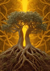 Poster - Two trees with interconnected roots in a golden, ornate setting.