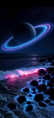 Wall Mural - ringed planet above the ocean- space background