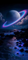 Wall Mural - ringed planet above the ocean- space background