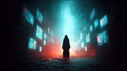Poster - Silhouette figure stands amidst a glowing, digital corridor.