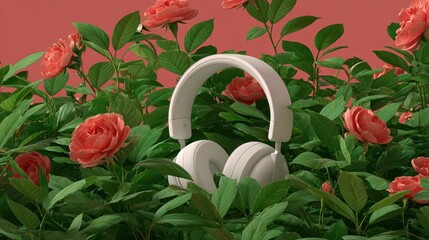 Poster - white headphones nestled amidst a rose garden.