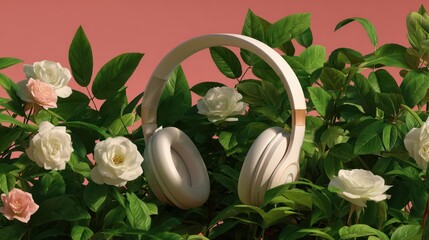 Poster - White headphones nestled amongst delicate floral blooms.