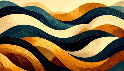 Aufkleber - Abstract Waves of Gold, Teal, and Cream: A Serene Landscape