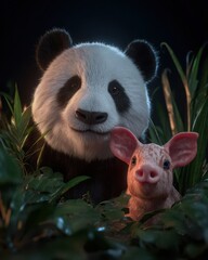 Poster - Close-up portrait of a friendly panda and a pig.