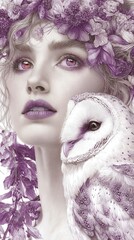 Aufkleber - Close-up portrait of a woman and an owl, in shades of purple and white.