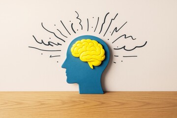 Aufkleber - Abstract human head silhouette with bright yellow brain and energetic lines on neutral background, symbolizing creativity and mental activity.