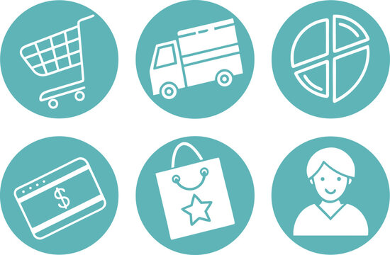 Shopping icons set with cart truck pie chart credit card and person