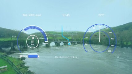 Poster - Initiating charging showing battery and gauge filling and simulating speed and map arrow advancing
