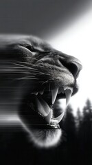Poster - Powerful monochrome image of a roaring feline.
