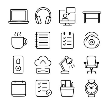 A collection of office and business icons is shown in a vector graphic.