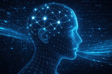 Poster - Digital Mindscape: A futuristic illustration of the human brain, transformed into an interconnected network of digital pathways.