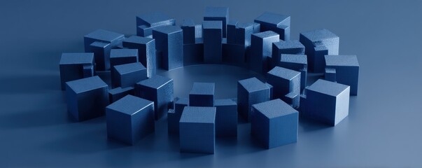Fototapete - A circular arrangement of blue cubes and rectangular prisms on a blue gradient surface casting shadows