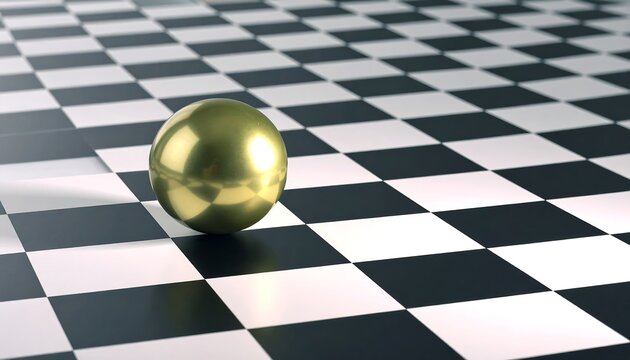 Gold sphere on black and white checkered floor