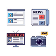 Poster - News-themed vector set: web browser with articles, newspaper, TV news, and a camera reporting 