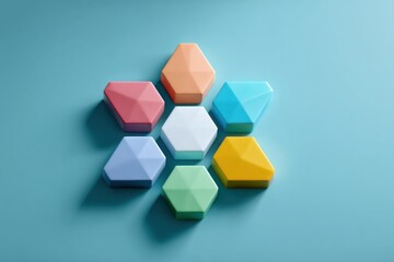 Fototapete - A top down view of seven colorful hexagonal blocks arranged in a flower shape on a blue background