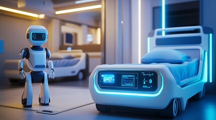 Poster - Envisions futuristic hospital room with robot assistant smart technology for enhancing patient care efficiency advanced medical environment concept.