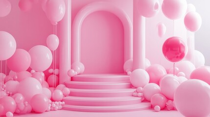 Poster - Pink balloons fill a stylish, archway-like display space.