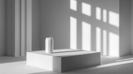Poster - White can on a white pedestal in a minimalist setting.