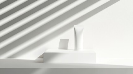 Poster - Blank product tube on a white pedestal, showcasing minimalist design.
