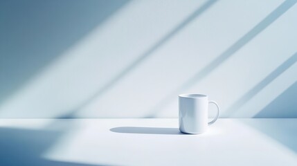 Poster - White mug on a white surface with shadows.