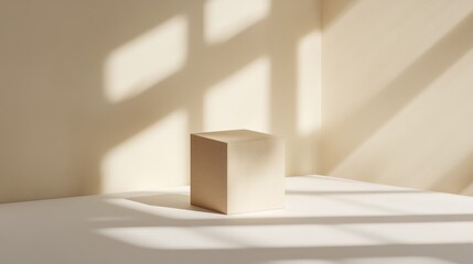 Poster - Beige cube display podium in a corner with natural light shadows.