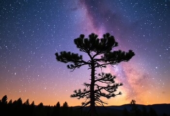 windswept pine silhouette against vibrant milky way, nature, mountain