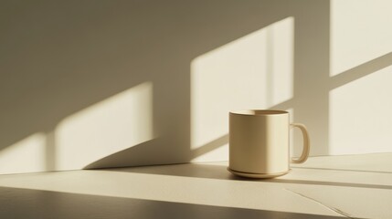 Poster - Beige mug on a light surface, sunlit shadows.