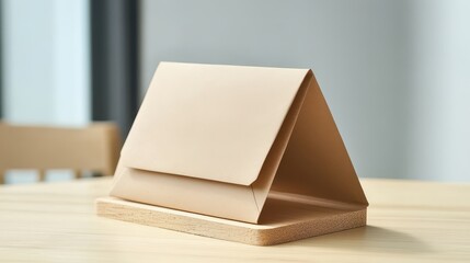 Poster - Beige paper envelope on a wooden stand.