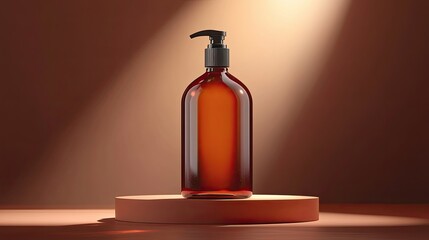 Poster - Amber glass bottle with pump dispenser on a round platform.