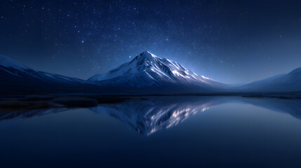 Wall Mural - Majestic Mountain at Night: Witness the serenity of a snow-capped mountain under a starlit night sky, its reflection mirroring on the tranquil water below.