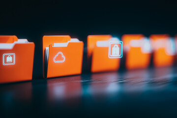 Fototapete - Digital Data Security: Orange file folders displaying data protection and cloud storage symbols, set against a dark background, embody data security and technology concepts.
