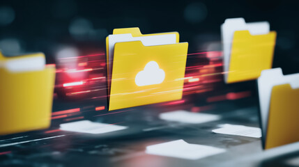 Fototapete - Cloud Data Organization: A digital landscape with illuminated document folders, symbolizing data storage and cloud technology. The files, rendered with a realistic touch.