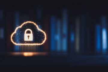 Poster - Cloud Security: Abstract depiction of a secure cloud, symbolized by a glowing cloud icon with a padlock, indicating the protection of digital data.