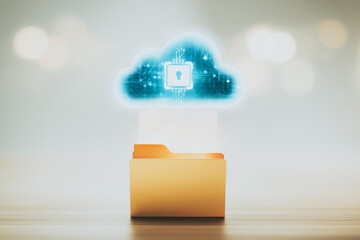 Fototapete - Digital Fortress: Secure cloud data storage concept. A visual metaphor depicting data security, emphasizing the safeguarding of information with an ethereal glow.