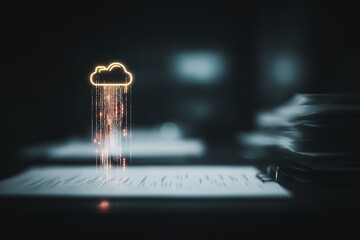 Fototapete - Cloud Data Transfer: A striking display of a digital cloud raining data onto physical documents, symbolizing the seamless transfer of information in the modern digital era.