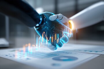 Poster - Robotic hand shaking human hand concept of future business