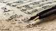 © maleyka - Noting down musical tunes on paper with an old-fashioned pen and ink. Learning about music. Close-up view.