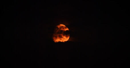 Wall Mural - Full orange moon Moonrise in Dark Night cloudy Sky natural Background. nighttime Yellow Moon