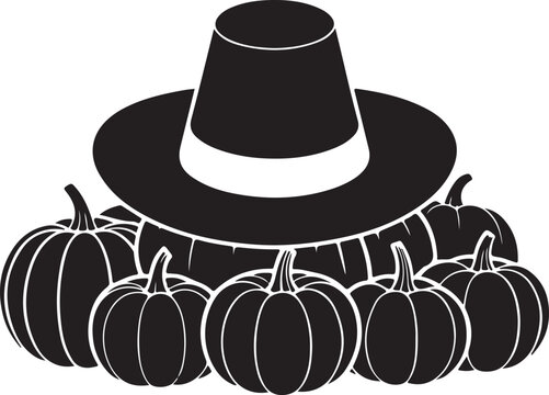 Pilgrim Hat On Pumpkins Silhouette Thanksgiving Vector