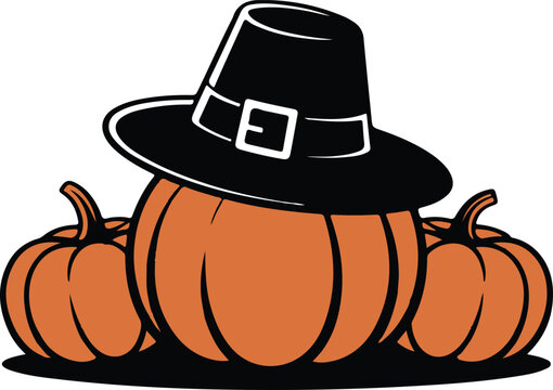 Pilgrim Hat On Pumpkins Silhouette Thanksgiving Vector