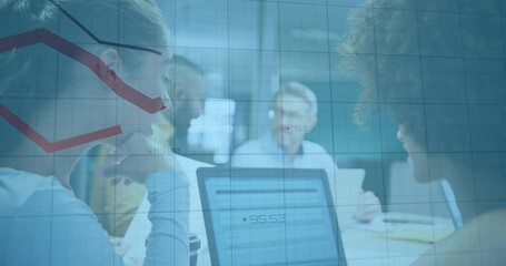Poster - Woman tapping laptop after red trend line falling on grid overlay while team leading finance review