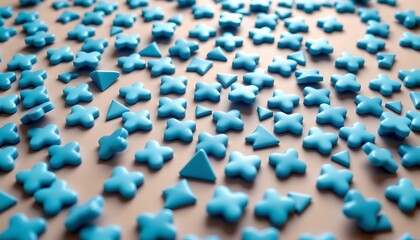 Poster - the image features a multitude of flat, geometric shapes scattered across a surface, many of the shapes have four sides, though some appear to be triangles or other polygons