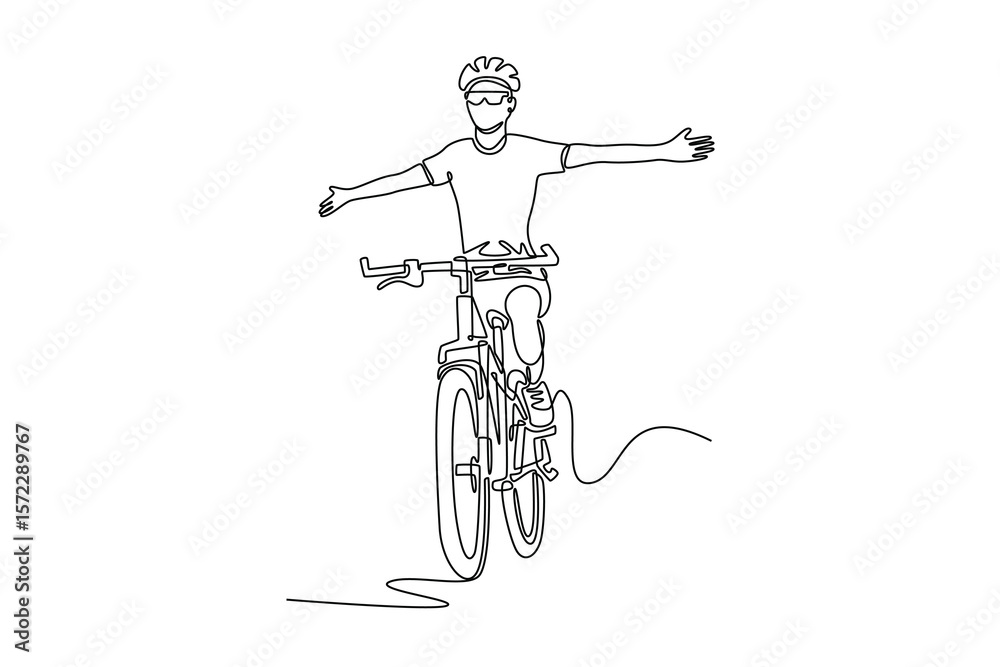 Single continuous line drawing happy female road racing cyclist winning ...