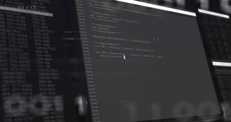 Poster - Dark panel sliding in, filling code while binary overlay drifting visualizing digital workspace