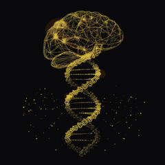 Poster - Futuristic gold wireframe brain fused with glowing DNA double helix spiral on black background digital technology concept illustration