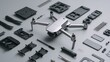 © Anastasiya Ri - Disassembled modern drone with electronic parts and structural components neatly laid out on grey background ideal for UAV engineering, repair tutorials and tech disassembly visuals